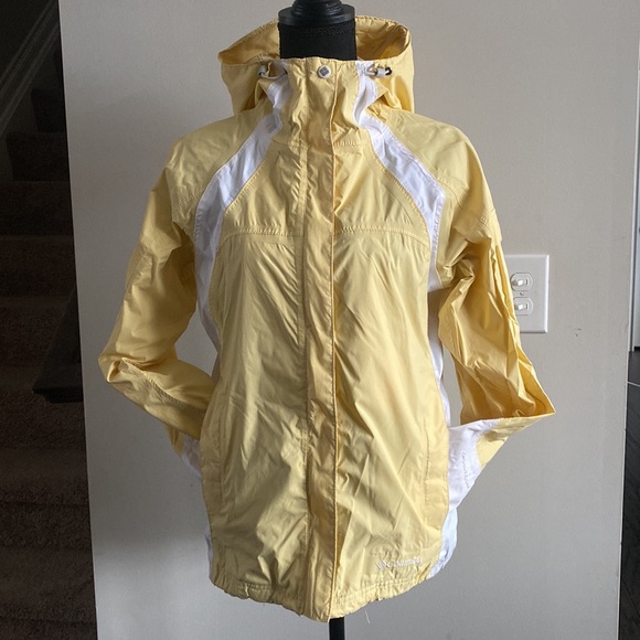 Columbia Omni-Tech Small Waterproof Hooded Yellow & White Zip Up Jacket Coat - Picture 2 of 16